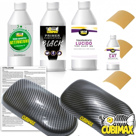 Kit Advanced Cubicatura Carbonio 2 MQ + Attivatore 250ml + Primer Nero 250ml + 3 Carta Abrasiva 400 + Trasparente Lucido 250ml